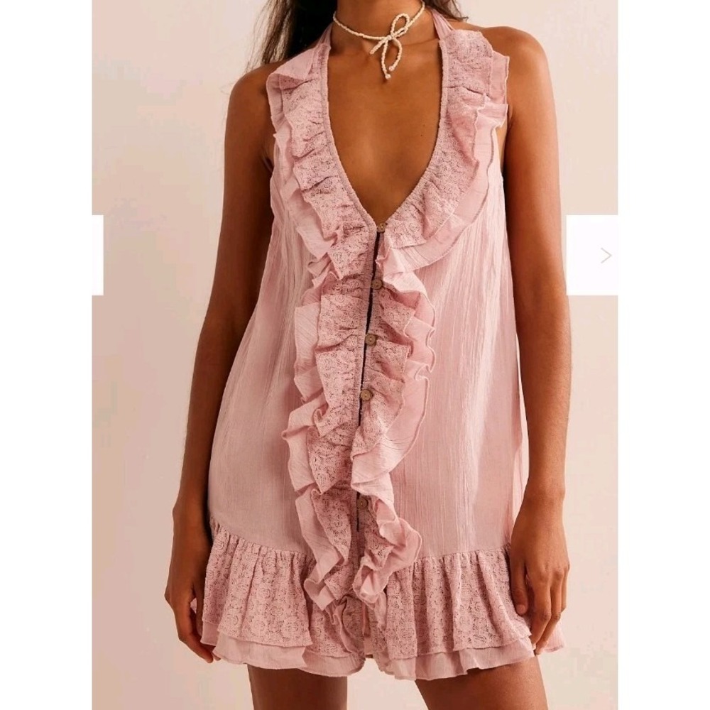 Free People Misa Tunic Mini Dress Pale Maueve Halter Vneck Whimsy Ruffles Sz Lg